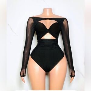 Fashion nova Black Sheer Long-Sleeve Cutout Bodysuit size Medium